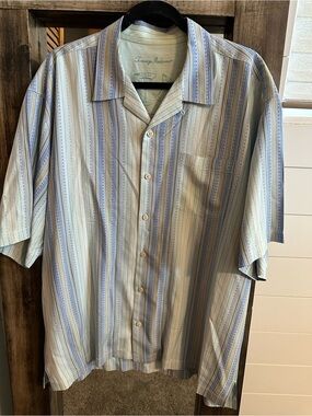 Tommy Bahama Men’s XL 100% Silk Camp Shirt Blue Green Striped Hawaiian Aloha